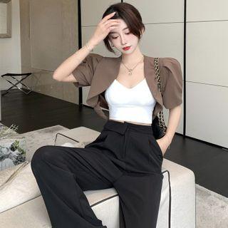 Double-strap Crop Camisole / Puff Sleeve Bolero / High Waist Straight Leg Pants
