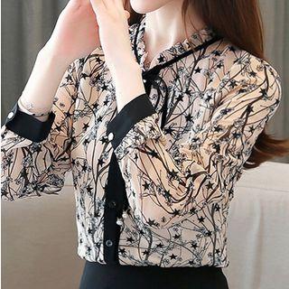 Tie-neck Frilled Trim Printed Chiffon Blouse