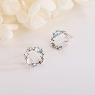925 Sterling Silver Rhinestone Hoop Earring 1 Pair - Es1250 - Silver - One Size