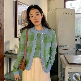 Buttoned Check Knit Cardigan