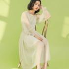 Set: Long-sleeve Smocked Midi Mesh Dress + Slipdress Off-white - One Size