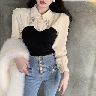 Mock Two-piece Rhinestone Blouse