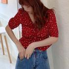 Dotted Elbow-sleeve Cropped Blouse
