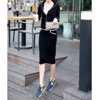 Set: Stand Collar Zip Jacket + Midi Pencil Skirt