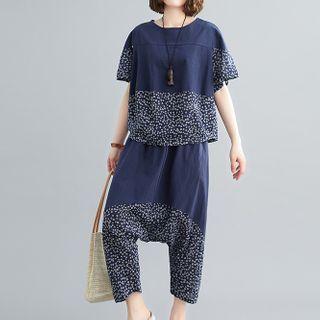 Set: Short-sleeve Print Panel T-shirt + Harem Pants