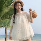 Floral Embroidered Puff-sleeve Mesh Top As Shown In Figure - One Size
