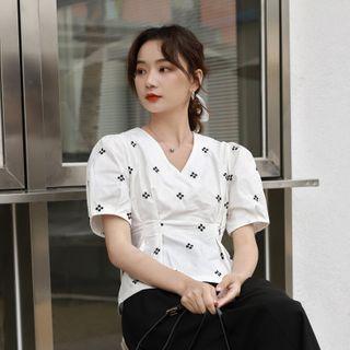 V-neck Embroider Floral Blouse