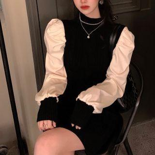 Two-tone Puff-sleeve Panel Knit Mini Bodycon Dress Black - One Size