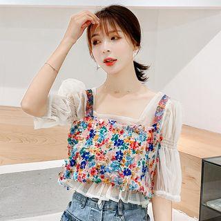 Set: Short-sleeve Chiffon Top + Floral Camisole