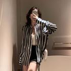 Long-sleeve Lettering Striped Shirt / Spaghetti Strap Knit Top