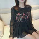 Flower Embroidered Dotted Long Sleeve Chiffon Top