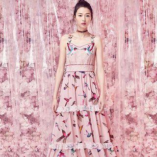 Bird Print Spaghetti-strap Maxi Dress