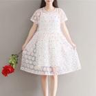 Set: Short-sleeve Floral Embroidered A-line Dress + Slipdress