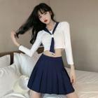 Tie Neck 3/4-sleeve Top / Pleated Skirt / Set