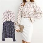 Smocked-neck Bell-cuff Floral Blouse
