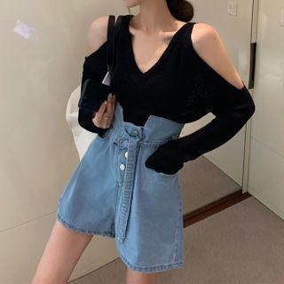 Off-shoulder Long-sleeve Knit Top / High-waist Wide-leg Denim Shorts