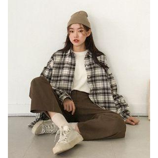 Couple Loose-fit Plaid Shirt Brown - One Size