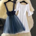 Set: Elbow-sleeve A-line Dress + Jumper Dress