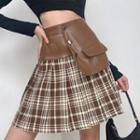 Plaid Pleated Faux Leather Panel Mini A-line Skirt