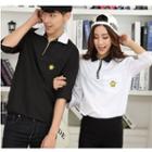 Couple Matching Embroidered Elbow-sleeve Zip Polo Shirt
