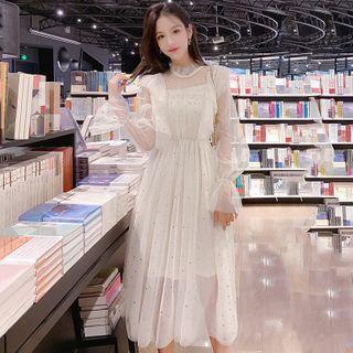 Set: Slipdress + Long-sleeve Star Print Midi A-line Dress