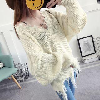 V-neck Fringe Chunky Sweater