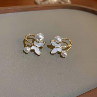 Butterfly Faux Pearl Alloy Earring 1 Pair - Gold & White - One Size