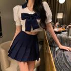 Puff-sleeve Bow Blouse / Pleated A-line Skirt