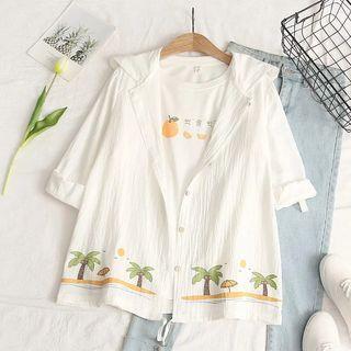 Long-sleeve Coconut Tree Print Hooded Shirt White - One Size