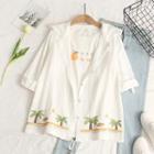 Long-sleeve Coconut Tree Print Hooded Shirt White - One Size