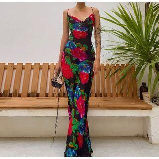 Flower Print Spaghetti Strap Maxi Sheath Dress