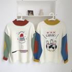 Picture Embroidered Color-block Mock-neck Long-sleeve Sweater
