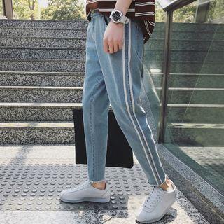 Fray Striped Straight-cut Jeans