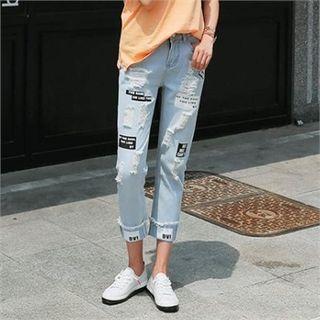 Roll-up Lettering-detail Distressed Jeans