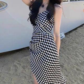 Spaghetti-strap Check Midi Sheath Dress
