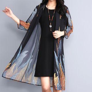 Set: Leaf Print Open Front Light Jacket + Spaghetti Strap Mini Shift Dress