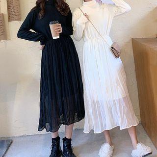 Turtleneck Long-sleeve Shirred Midi A-line Dress