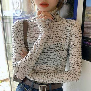 Long-sleeve Turtleneck Lettering T-shirt Lettering - One Size
