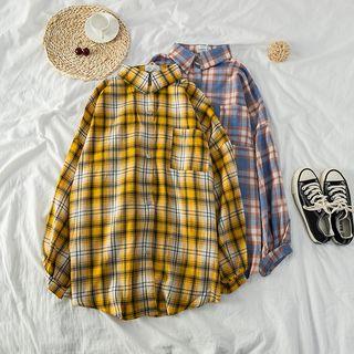 Lantern-sleeve Front-pocket Plaid Casual Shirt