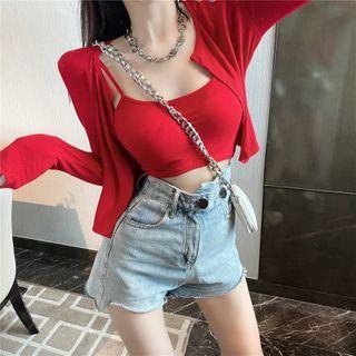 Set: Spaghetti Strap Knit Crop Top + Cropped Cardigan