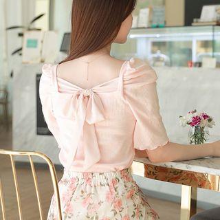 Tie-back Puff-sleeve Lettuce-edge Top