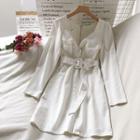 Long-sleeve Belted V-neck A-line Mini Dress
