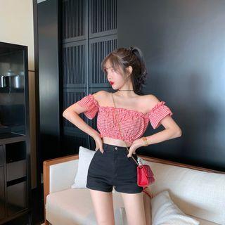 Gingham Off-shoulder Cropped Top / Slim-fit Denim Hot Pants