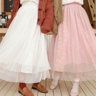 Lace Panel A-line Midi Mesh Skirt