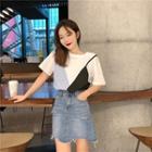 Mock Two-piece Short-sleeve T-shirt Blue & Black & White - One Size