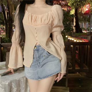 Long-sleeve Square-neck Slit-hem Blouse Light Pink - One Size