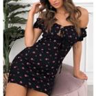 Off Shoulder Tie-front Floral Print Mini Dress