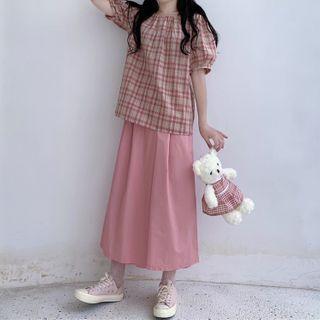 Shrot-sleeve Plaid Top / Wide-leg Pants