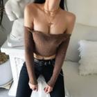 Cropped Off-shoulder Long-sleeve T-shirt Brown - One Size
