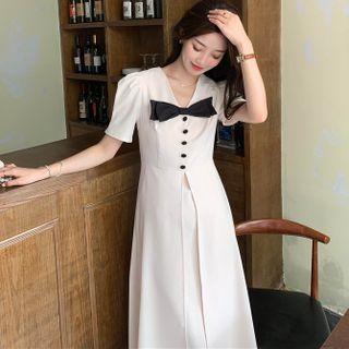 Puff-sleeve V-neck Button-up Midi A-line Dress